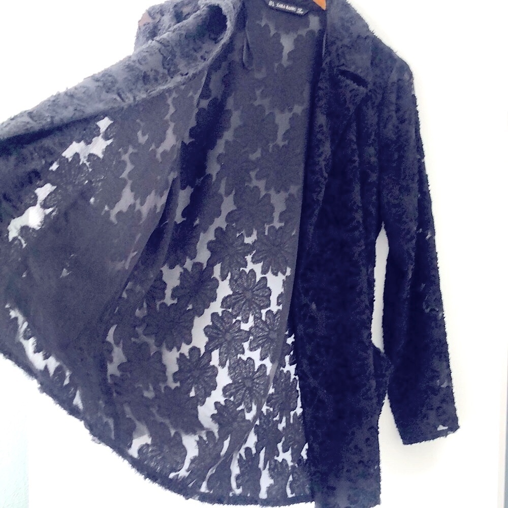 Zara Open Front Semi Sheer Floral Flocked Blazer